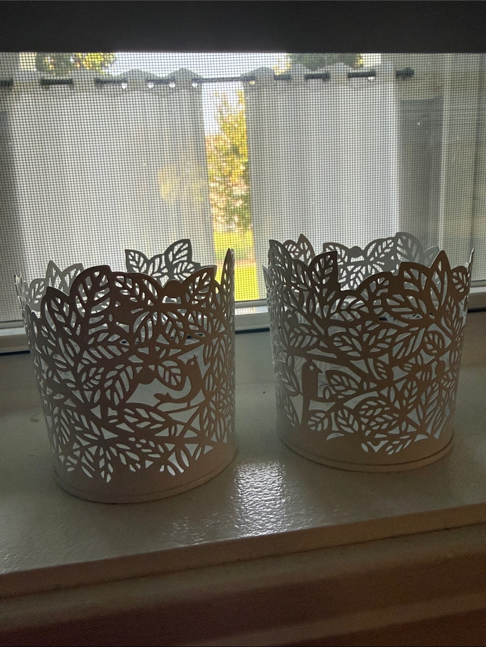 IKEA White Laser-Cut Leaf Pattern Candle Holders - Pair
